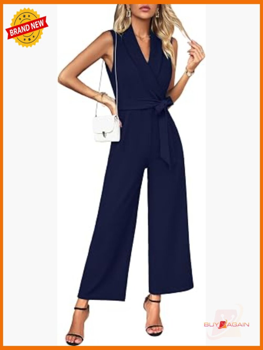 Sleeveless V Neck Wide Leg Jumpsuit with Belt and Pockets